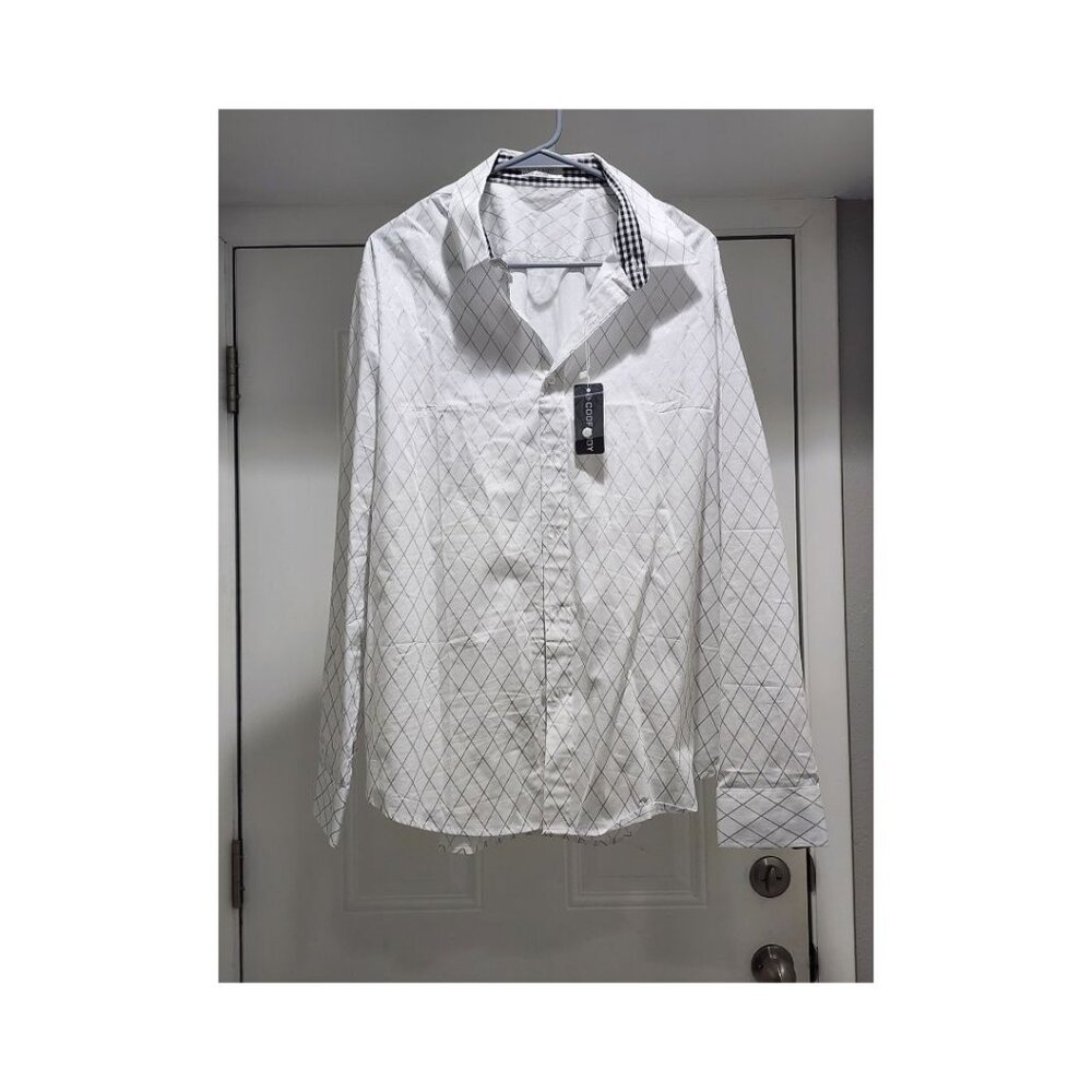 Coofandy White Button-Up Log Sleeve Shirt with Silver Diamonds